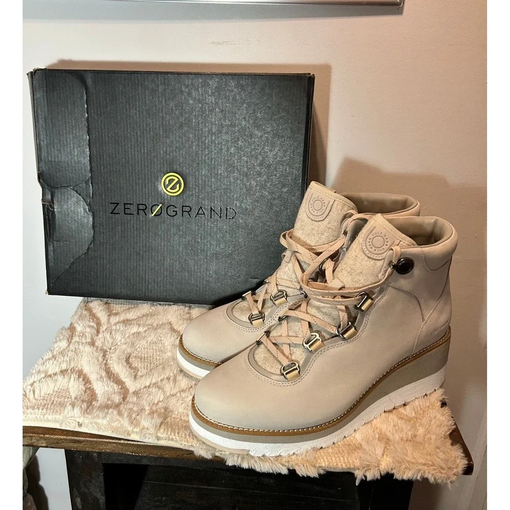 Cole Haan GrandExplore‎ Waterproof Hiking Boots Beige Leather W22602 Womens 8.5B